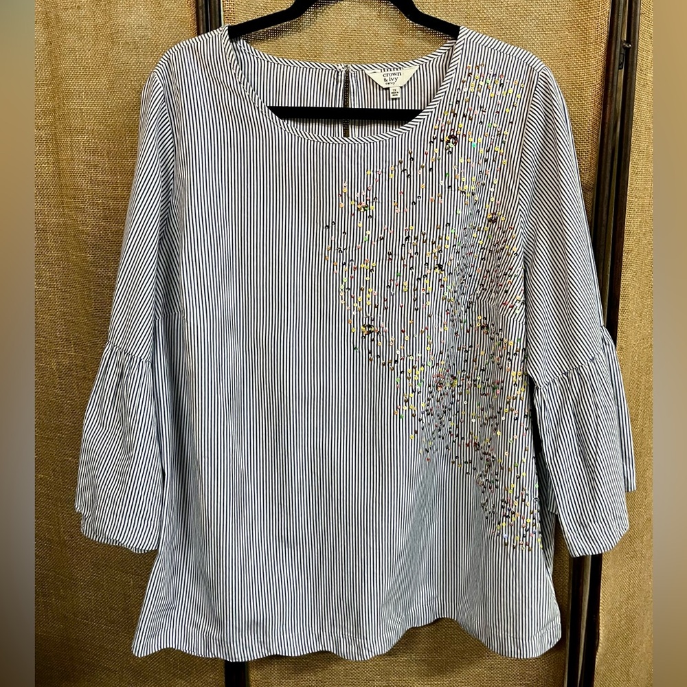 Crown & Ivy Blue Striped Blouse with Colorful Accents
